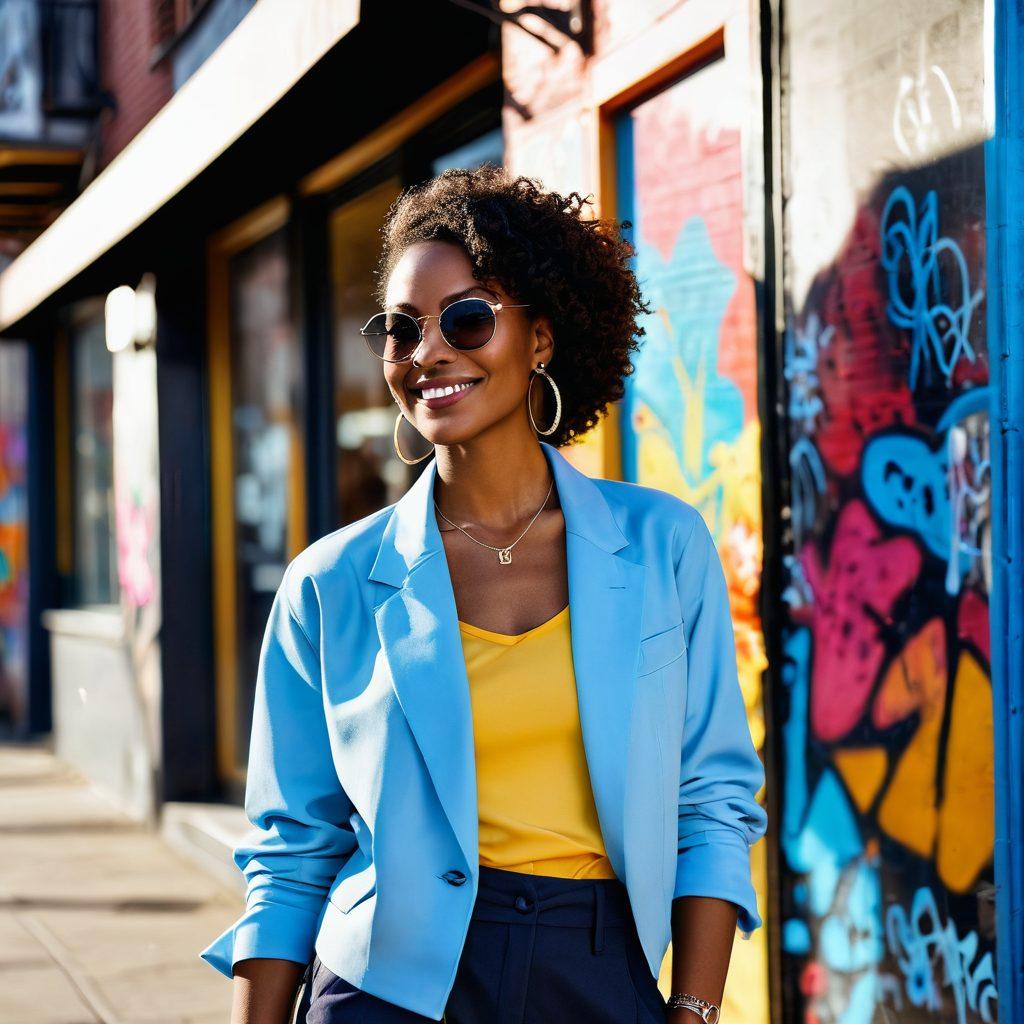 A stylish woman exuding confidence, dressed in a fashionable outfit that elegantly showcases her femininity. She stands in a chic urban setting, surrounded by colorful graffiti and blooming flowers, with a warm sunlight filtering through. The background features a stylish café and vibrant fashion boutiques that reflect lifestyle choices. The woman has a radiant smile that embodies empowerment and grace. super-realistic. vibrant colors. urban aesthetic.