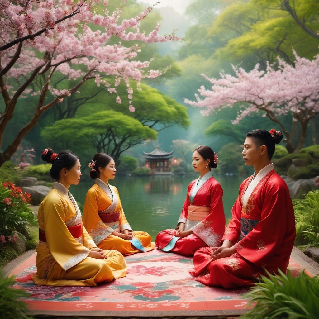 A serene and harmonious scene depicting a diverse group of people participating in a vibrant cultural celebration, showcasing Asian traditional attire rich in colors and patterns. The backdrop features lush greenery and ornate decorations, symbolizing personal wellness and mindfulness. Include elements like delicate cherry blossoms and symbols of meditation, blending beauty with tranquility. super-realistic. vibrant colors. ethereal light.
