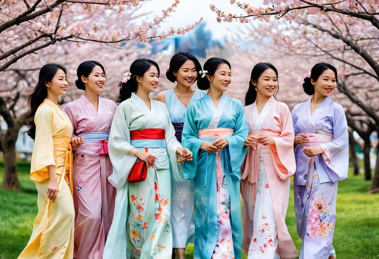 A serene scene featuring a diverse group of Asian women celebrating their unique beauty and body positivity. They are engaged in joyful activities, surrounded by blooming cherry blossoms, symbolizing femininity. Soft pastel colors dominate the palette, creating an aura of warmth and acceptance. Incorporate elements like traditional clothing and modern fashion for a blend of cultures. artistic watercolor style. vibrant, soft colors.